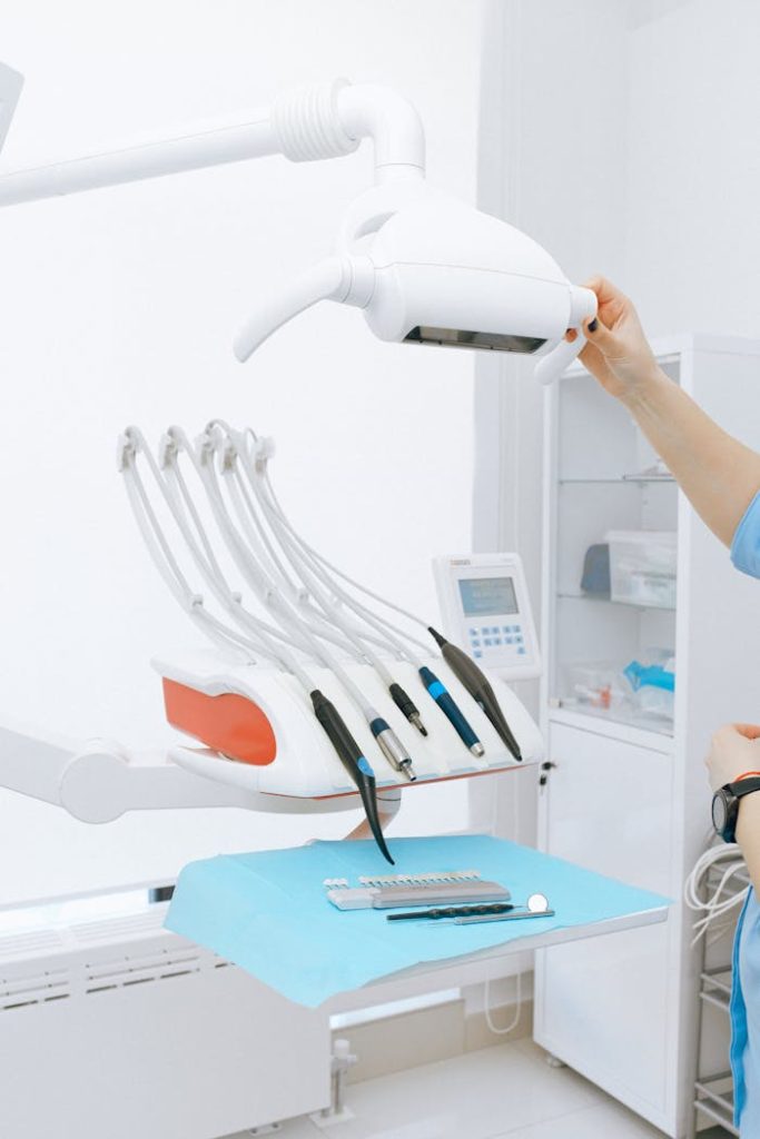 A clean, modern dental office showcasing dentist equipment and tools.